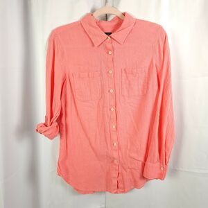 Talbots Women's Pink Cotton Roll‑Tab Sleeve Button‑Up Blouse Womens Medium